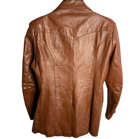 Vintage 70s Leather Western Coat M Brown Buttons One Point Pockets Notch Collar - Picture 4 of 7